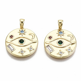 Brass Micro Pave Colorful Cubic Zirconia Pendants, Nickel Free, Flat Round with Eye & Moon & Star & Sun