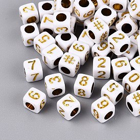 PVD Vacuum Plating Acrylic Beads, Long-Lasting Plated, Opaque, Cube with Number, White