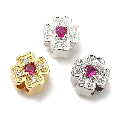 Rack Plating Brass Cubic Zirconia Beads, Cadmium Free & Lead Free, Long-Lasting Plated, Clover