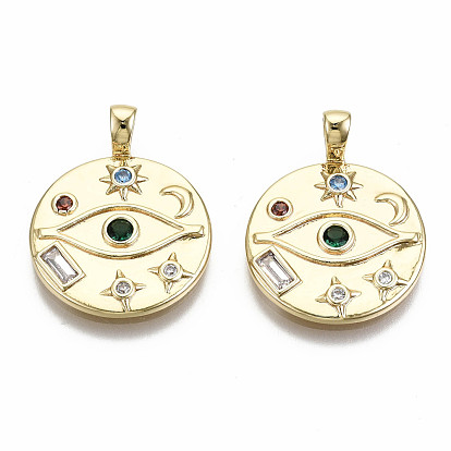 Brass Micro Pave Colorful Cubic Zirconia Pendants, Nickel Free, Flat Round with Eye & Moon & Star & Sun