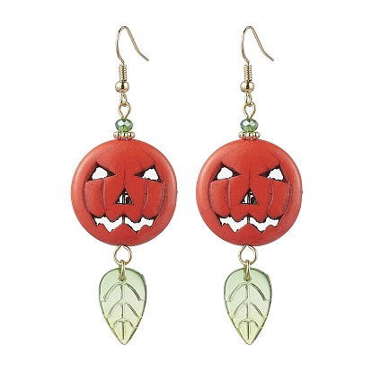 Pendientes colgantes de calabaza sintética turquesa y hoja de vidrio, con alfileres de latón pendiente