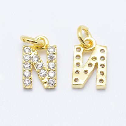 Brass Micro Pave Grade AAA Cubic Zirconia Charms, Letter N, Cadmium Free & Nickel Free & Lead Free