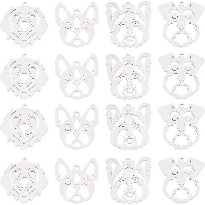 16Pcs 4 Style 201 Stainless Steel Pendants, Laser Cut, Dog Head