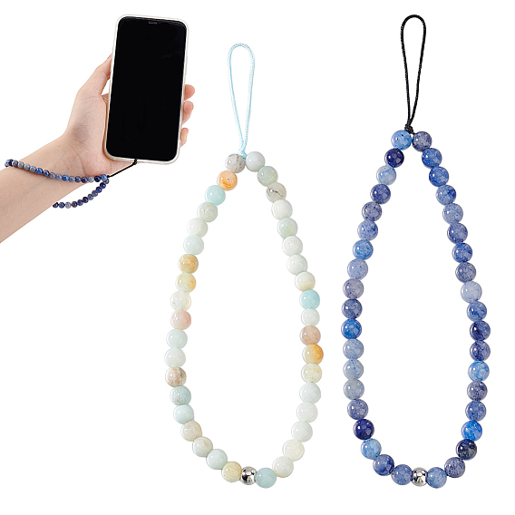 2 шт. 2 стили натуральный синий авантюрин и цветок амазонит бисерный ремешок для мобильного телефона на запястье, цепь для защиты от потери телефона для женщин и девочек
