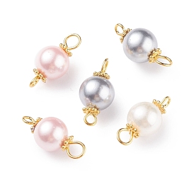 Shell Pearl Bead Connector Charms, with Golden Tone Brass & Alloy Findings, Dyed, Round