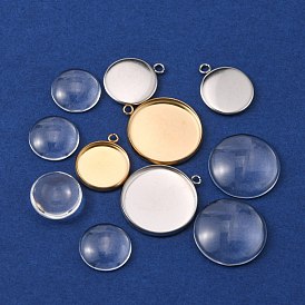 Kit de fabrication de pendentif rond plat bricolage, y compris 304 cabochons pendants en acier inoxydable, Cabochons en verre