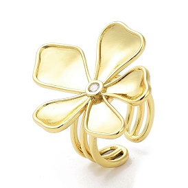 Brass with Cubic Zirconia Open Cuff Rings for Women, Flower