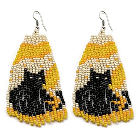 Boho Seed Bead Halloween Black Cat Tassel Earrings, Iron Dangle Earring for Women