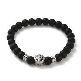 Synthetic Black Stone Round Beaded Stretch Bracelets, with 304 Stainless Steel Beads, Tree of Life with Word Love