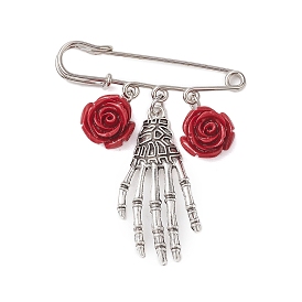 Halloween Skeleton Hand Alloy & Synthetic Coral Flower Pendants Kilt Pins, Antique Silver & Platinum