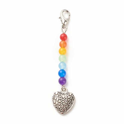 Décorations de pendentif perlé de jade de malaisie naturel et teint sur le thème du chakra, avec fermoir pince de homard, Pendentifs en alliage de style tibétain, cœur
