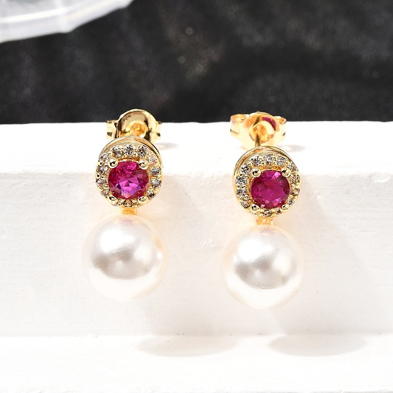 Круглые серьги-гвоздики из латуни с микропаве из кубического циркония, с пластиковой имитационной жемчужиной