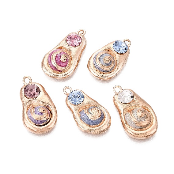 Electroplated Golden Brass Trim Natural Spiral Shell Pendants, Conch Charms, with Rhinestone, Dyed