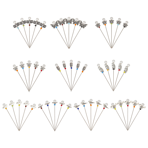 50 шт. 10 стиль садовой темы булавки с железной головкой, прямые булавки с акриловой имитацией жемчуга и сплавом стрекоза/бабочка/птица, портнихи булавки, швейная булавка для поделок