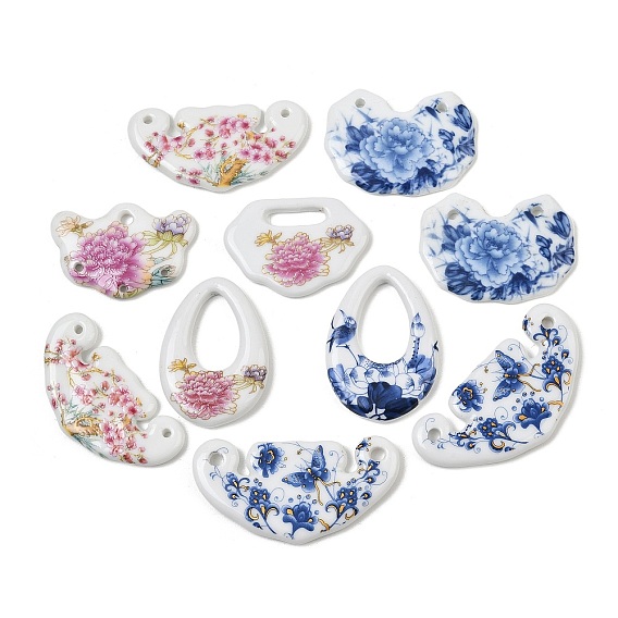Printed Handmade Porcelain Pendants, Ruyi/Lock/Teardrop with Floral Pattern Charms