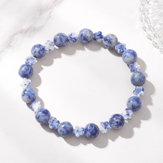 Браслеты из натуральной голубой яшмы с бусинами, эластичные браслеты для женщин, круглый и сливовый цветок