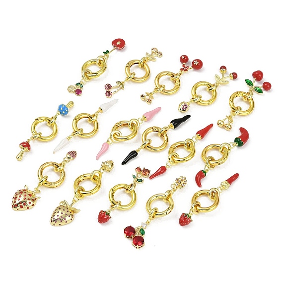 Латунные кольца из микро-паве циркония, с эмалью, долговечный, без свинца и без кадмия, стойки покрытие, клубника & вишня & грибы & перец