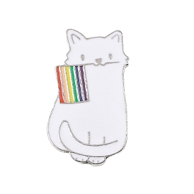 White Cat with Rainbow Flag Enamel Pride Pins, Animal Platinum Alloy Brooches