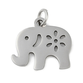 304 Stainless Steel Pendants, with Jump Ring, Laser Cut, Elephant with Flower Charms