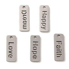 201 Stainless Steel Pendants, Laser Cut, Rectangle with Word Charm