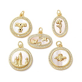 Brass Micro Pave Clear Cubic Zirconia Pendants, with Shell, Real 18K Gold Plated, Oval/Flat Round