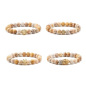 Natural Fossil Round Beads Stretch Bracelet, Brass Cubic Zirconia Bead Bracelet for Women, Mixed Shape