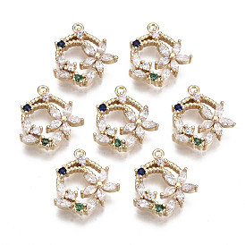 Brass Micro Pave Cubic Zirconia Charms, with Glass, Flower, Long-Lasting Plated, Light Gold