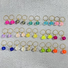 30Pcs 15 Colors Frosted Transparent Frosted Glass Pendants, Round Bead Charms, with Brass Findings, Golden