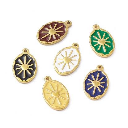 Enamel Pendants, with Golden Plated 304 Stainless Steel Findings, Oval with Sun