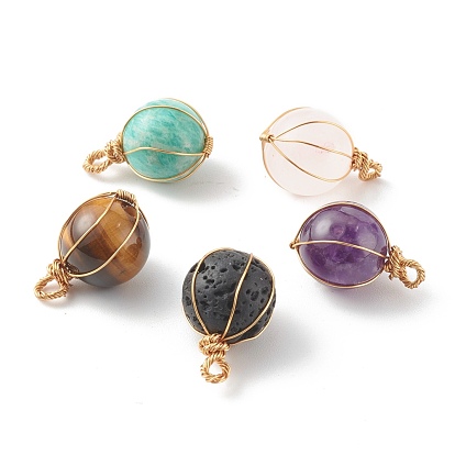 Pendentifs pierres précieuses naturelles mixtes, avec du vrai fil de cuivre écologique plaqué or 18k, ronde