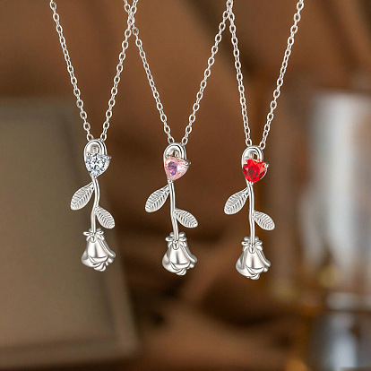 Подвеска в виде розы из латуни с прозрачными кубическими циркониями ко Дню святого Валентина 304 Цепочка из нержавеющей стали для женщин, платины и нержавеющая сталь цвет