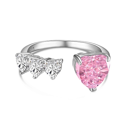 Rhodium Plated 925 Sterling Silver Heart Open Cuff Ring, Cubic Zirconia Ring for Women