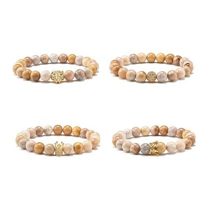 Natural Fossil Round Beads Stretch Bracelet, Brass Cubic Zirconia Bead Bracelet for Women, Mixed Shape