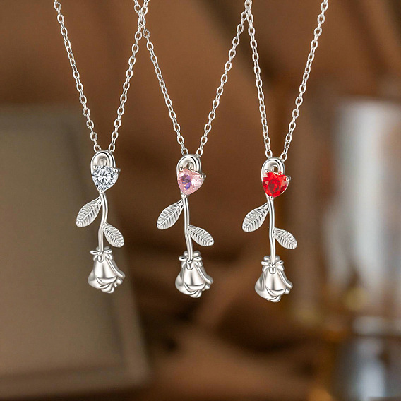 Подвеска в виде розы из латуни с прозрачными кубическими циркониями ко Дню святого Валентина 304 Цепочка из нержавеющей стали для женщин, платины и нержавеющая сталь цвет