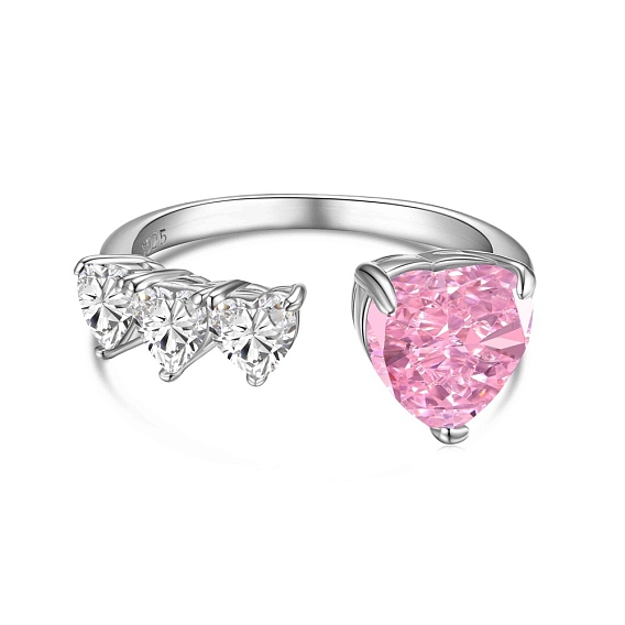 Rhodium Plated 925 Sterling Silver Heart Open Cuff Ring, Cubic Zirconia Ring for Women