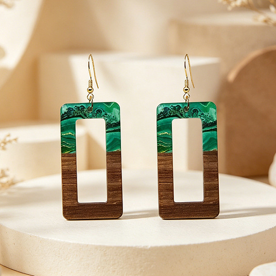 Iron & Acrylic Dangle Earrings for Women, Rectangle, Light Gold