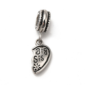 304 Stainless Steel European Dangle Charms, Large Hole Pendants, Half Heart with Word Big Sis