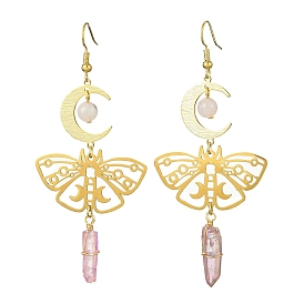 Moon & Butterfly 201 Stainless Steel Dangle Earrings with Brass Pins, Natural Rose Quartz & Quartz Crystal Long Drop Earrings