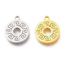 Ion Plating(IP) 201 Stainless Steel Charms, Laser Cut, Flat Round with Greek Key Pattern