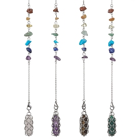 Mixed Synthetic & Natural Chip/Round Gemstone Pointed Dowsing Pendulums, Macrame Pouch Stone Holder, with 304 Stainless Steel Cable Chains, Bullet Charm