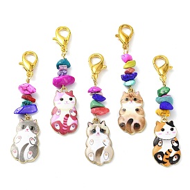 Cat Shapes Alloy Enamel Pendants Decorations, with Zinc Alloy Lobster Claw Clasps and Synthetic Turquoise Beads