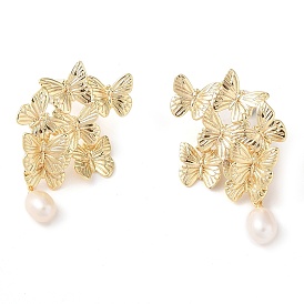 Natural Pearl Dangle Earrings, Butterfly Brass Stud Earrings for Women