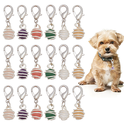 18Pcs 6 Color Copper Wire Wrapped Natural Gemstone Bead Cage Pendant Decoration, with Zinc Alloy Lobster Claw Clasps