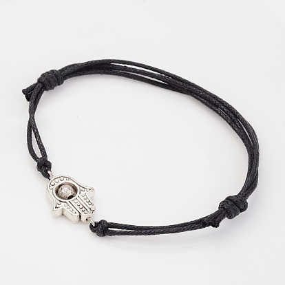 Регулируемые бусины из тибетского сплава и браслеты из вощеного хлопка, hamsa рука / рука fatima / рука miriam, 42~75 мм