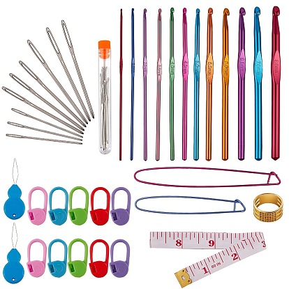 Sewing Tool Sets, with Zinc Alloy Thimble Rings, Aluminum Stitch Holder & Crochet Hooks Needles, Plastic Markers Holder & Needle Threaders, Stainless Steel Needles, PU Iron Soft Tape Measure