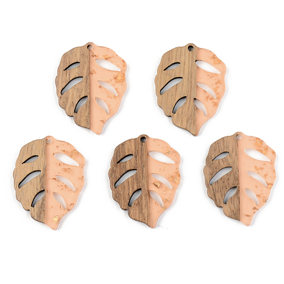 Transparent Resin & Walnut Wood Pendants, with Gold Foil, Leaf