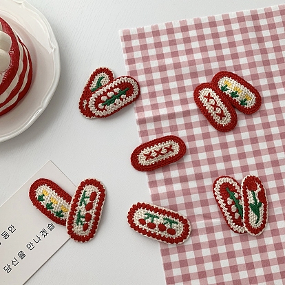 New Year Woolen Handmade Cute Knitted Snap Hair Clips, Hair Accessories for Girls, Oval with Cross/Flower/Cherry Pattern