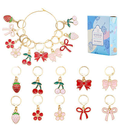 20 шт. 10 стили, подвесные маркеры с эмалью из сплава и фиксирующими стежками, с кольцами из латунного бокала, клубника/бантик/вишня