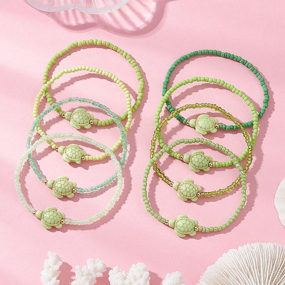 8шт. 8 цвета, браслеты из стеклянного бисера и синтетического бирюзового бисера, эластичные, для женщин, черепаха, с латунным