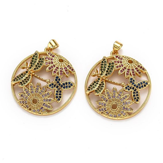 Autumn Theme Brass Micro Pave Cubic Zirconia Pendants, Long-Lasting Plated, Ring with Dragonfly & Butterfly & Flower